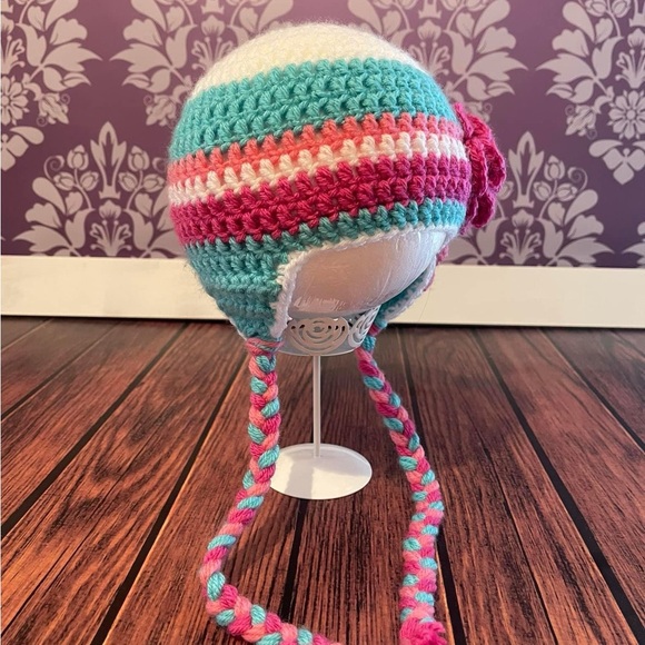 Crochet White, Pinks & Blue Earflap Hat - Picture 4 of 5